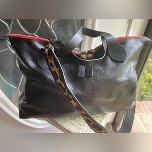 Everyday Black Tote with Leopard Strap and Red Zip Accent
